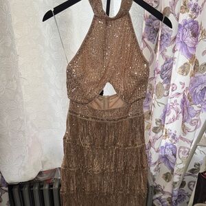 SHEIN Bronze Sequin Fringe Halter Backless Dress